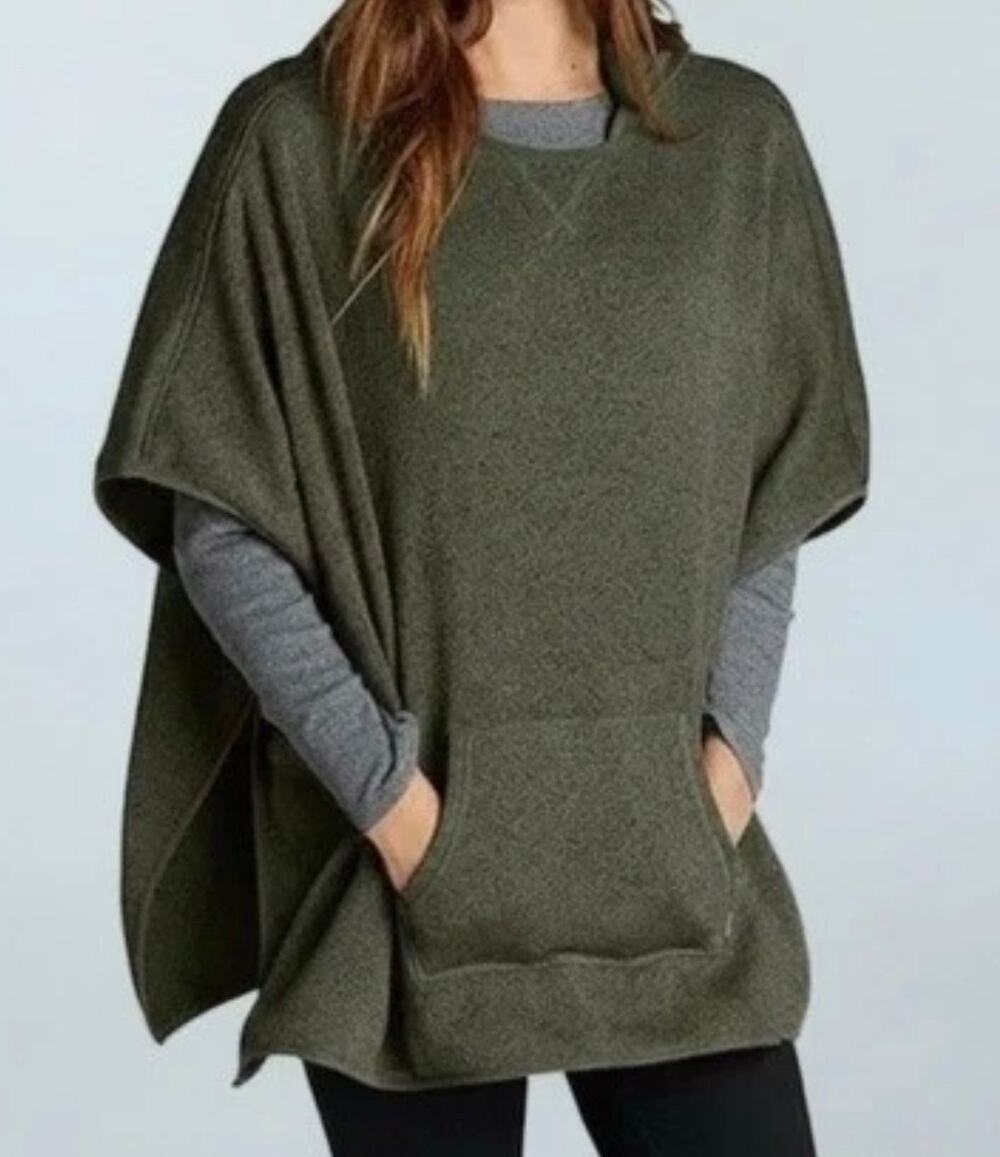 Eddie Bauer Hooded Green Fleece Poncho Sweater Front Pocket XS/S